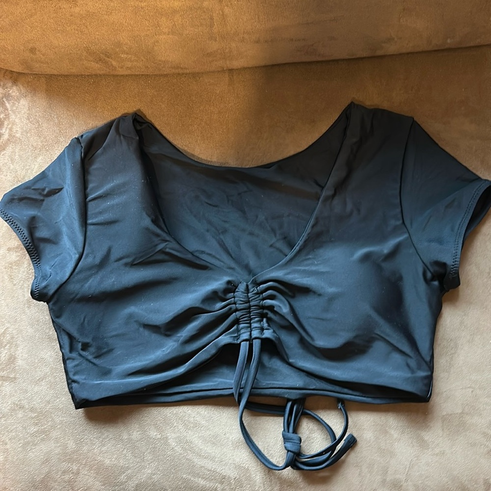 ZAFUL black bikini Top puff sleeves ruched tie center NEW NEVER WORN 10 XL